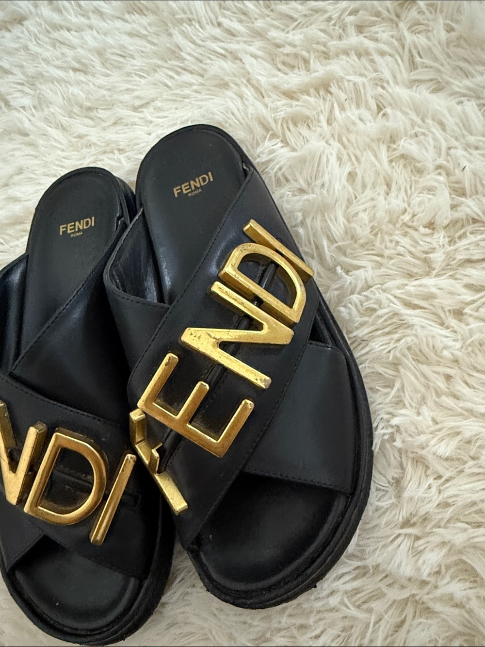 Fendi Black Leather Slides with Gold FENDI Lettering - Picture 2 of 5
